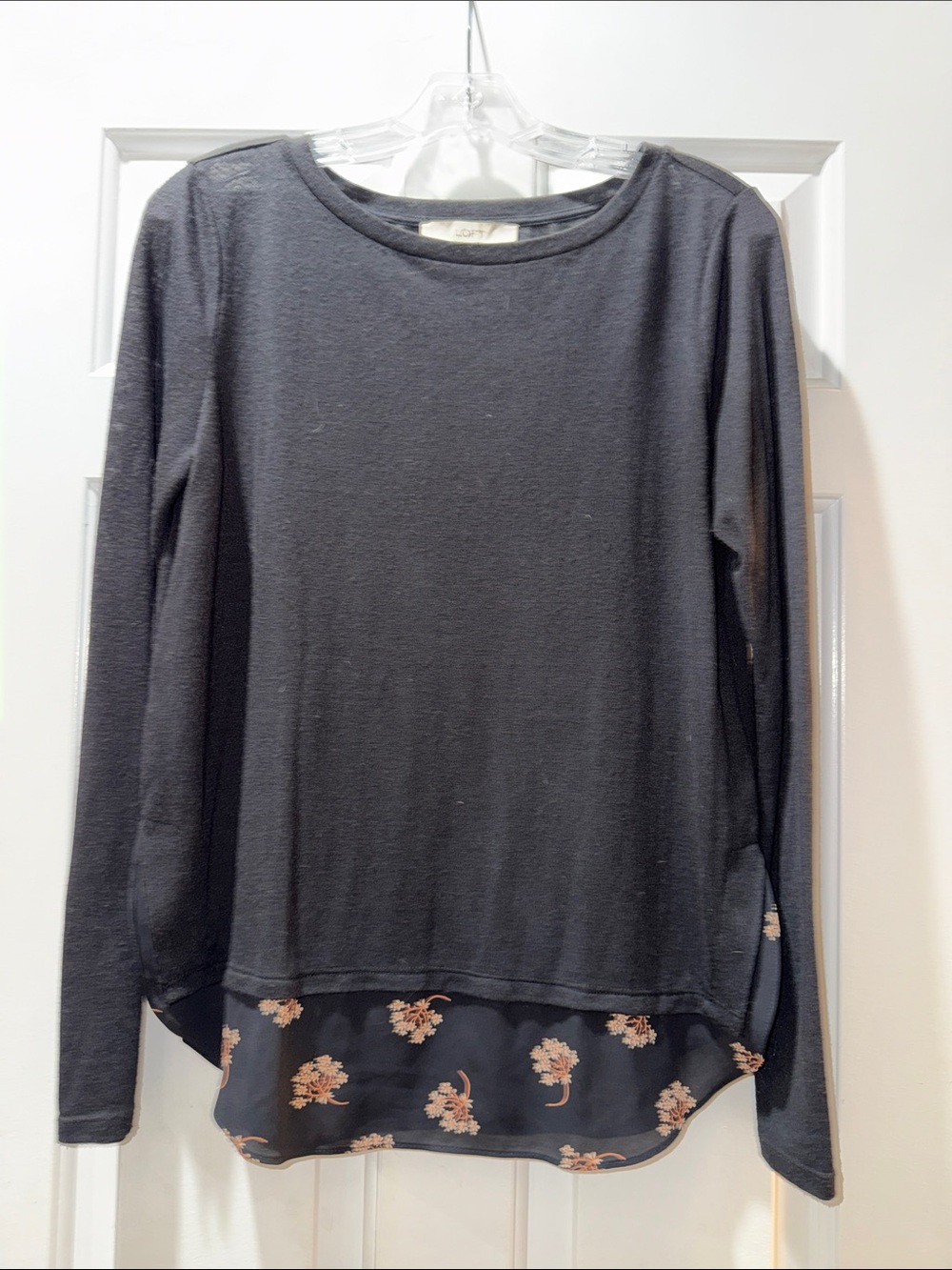 LOFT Black Long-Sleeve Layered Top with Floral Hem